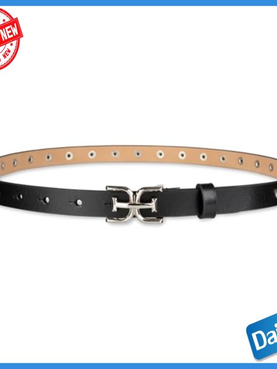Skinny Studded Leather Belt with Logo Buckle, Size Large, 3/4 Inch Width main image 7